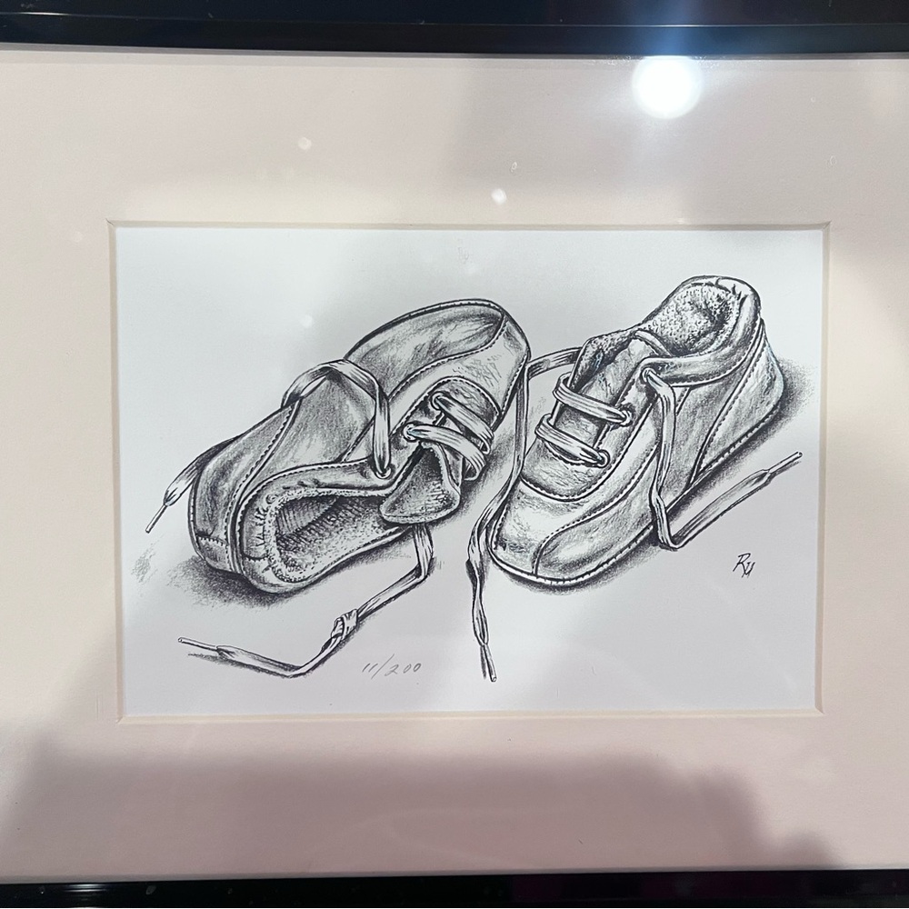 detailed sketch of a pair of casual laceup shoes or sneakers numbered and signed